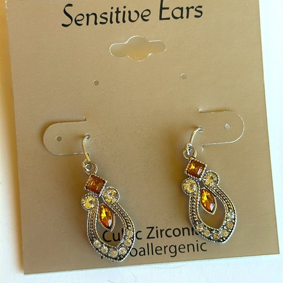 NWT Art Deco Style Silver and Orange drop Cubic Zirconia Hypoallergenic Earrings - Picture 2 of 5